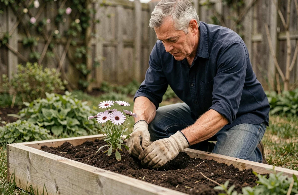 Homme d'âge mûr qui transplante une fleur Erigeron dans un potager surélevé dans un jardin de banlieue au printemps