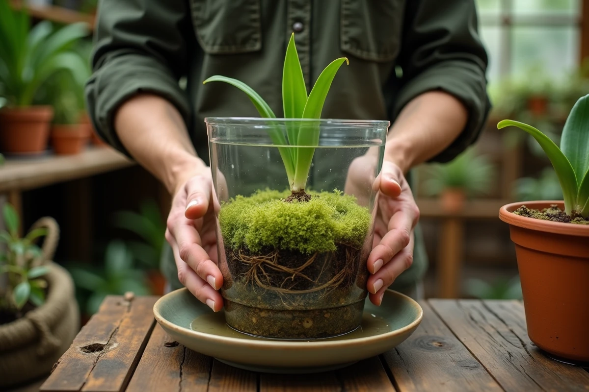 Mains tenant un pot d'orchidée transparent avec sphaigne lors d'un trempage dans un bol d'eau, racines visibles