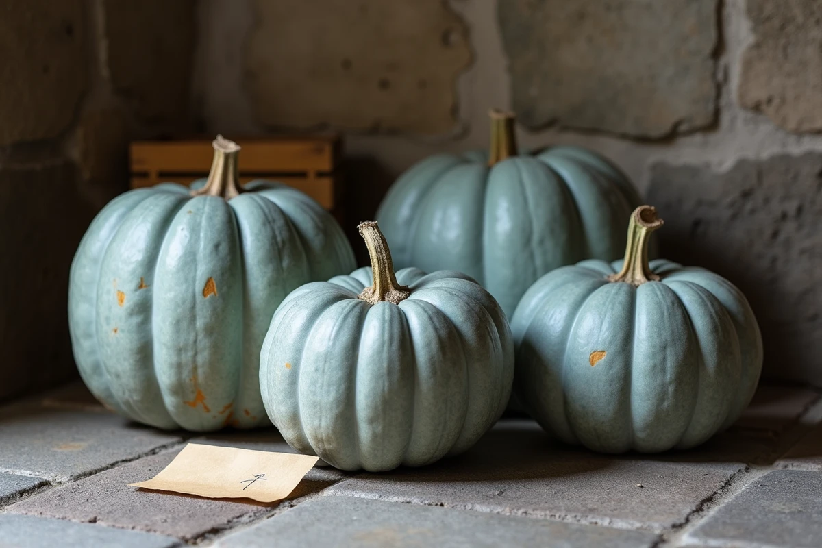 Trois citrouilles Bleu de Hongrie de tailles différentes disposées sur le sol d'une cave en pierre avec une étiquette manuscrite