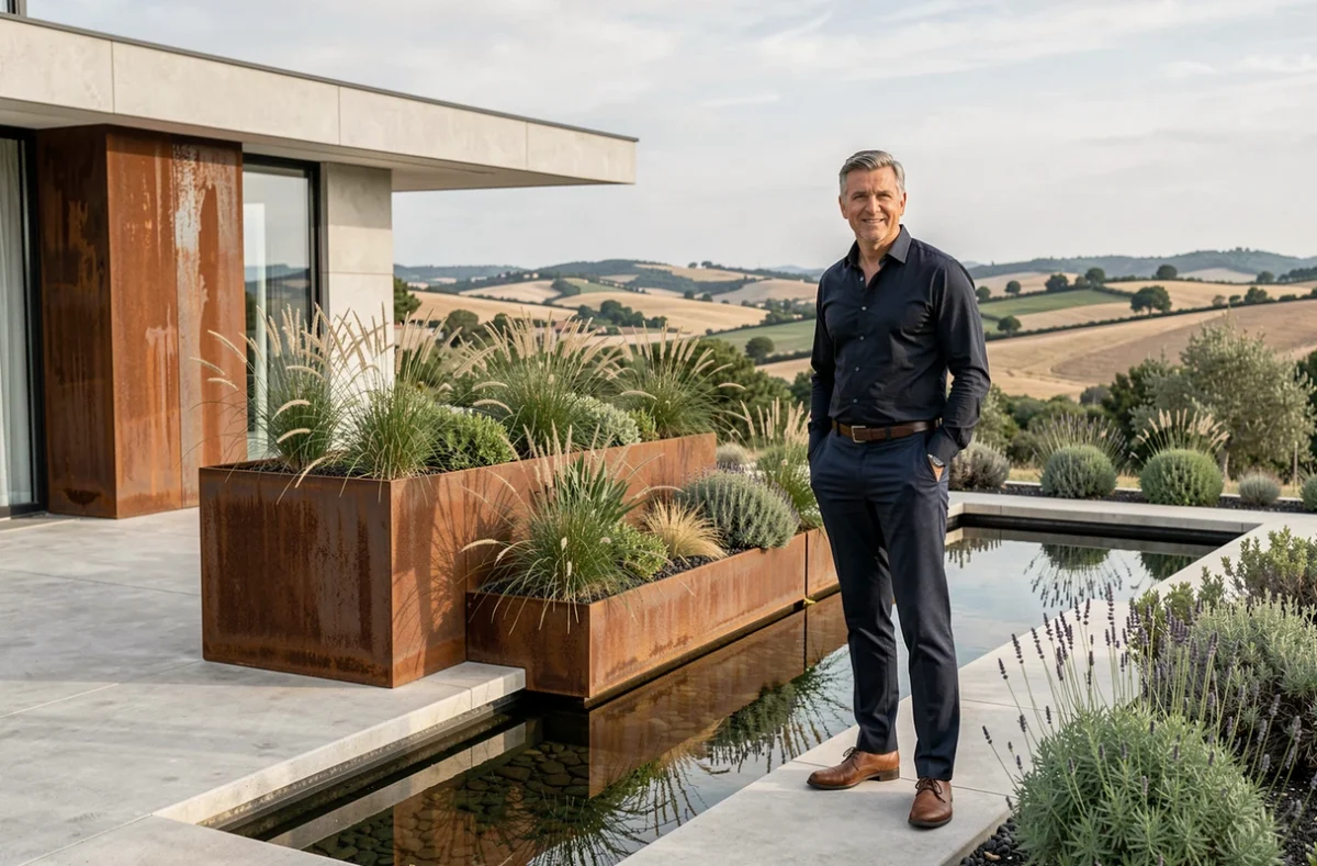 Architecte paysagiste de VESTA CREATION présentant une installation de jardin contemporain avec acier, plantes architecturales et bassin réfléchissant en Occitanie