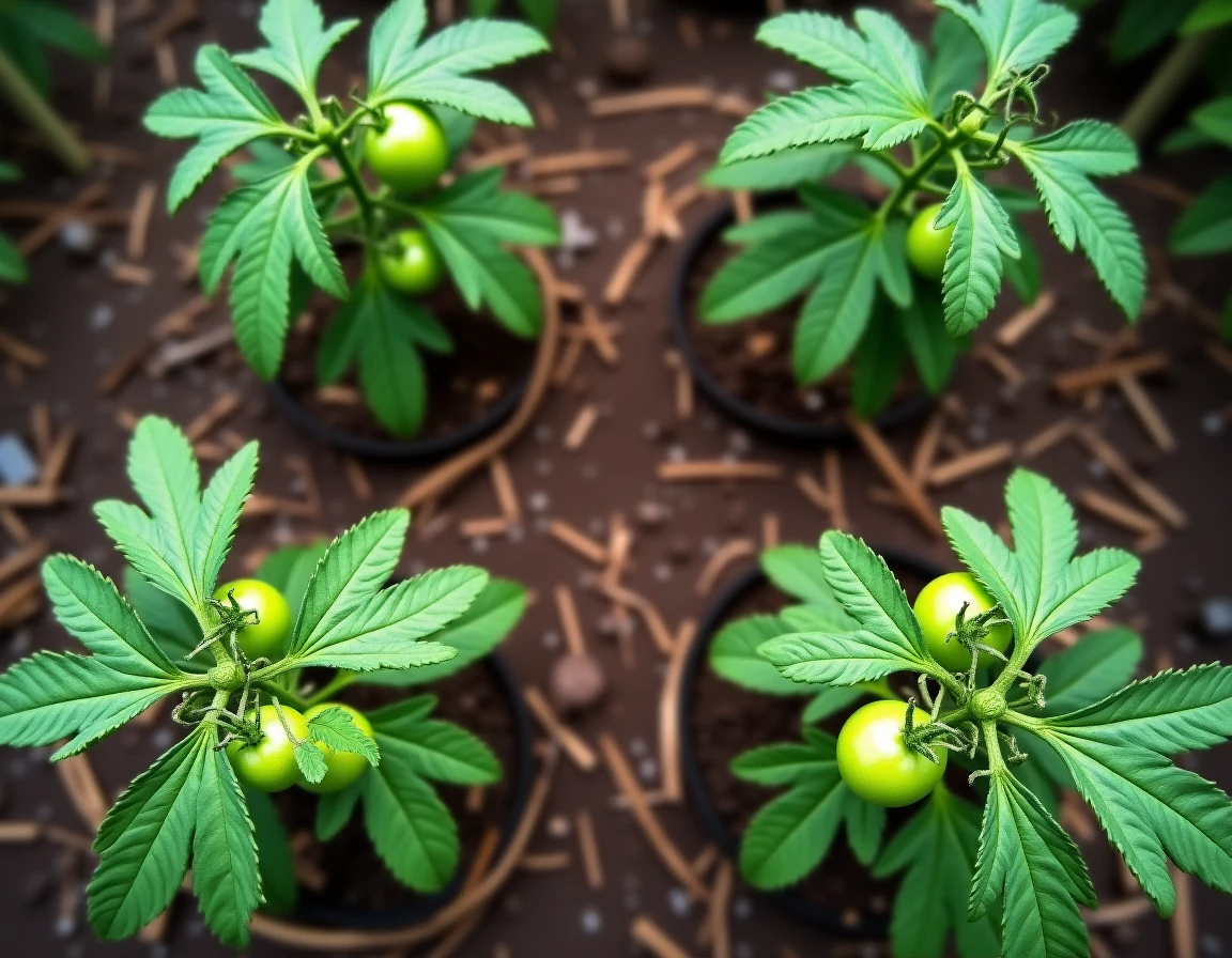 Vue aérienne en plongée de quatre jeunes plants de tomates sous serre disposés avec un espacement régulier sur sol paillé, illustrant les règles de distance de plantation en culture sous abri